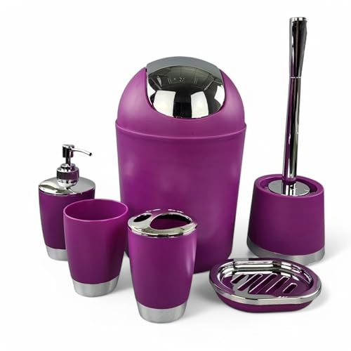Jeu de 6 accessoires de salle de bain Dont distributeur de savon, brosse de WC et porte-brosse lilas