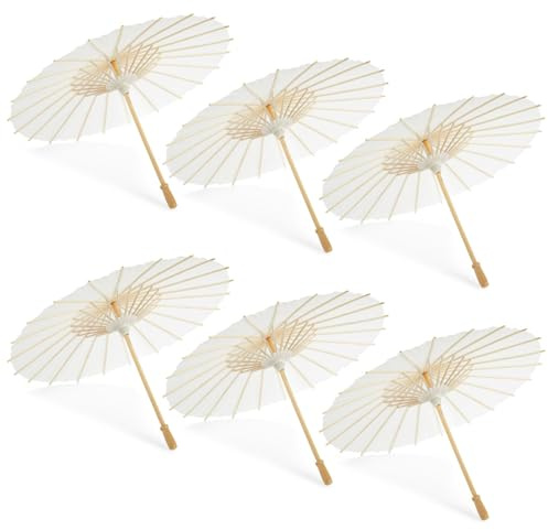 Juvale Parasol Umbrella Set - 6-Pack, 16 in Paper & Poplar Wood, White - Sun Umbrella for Garden Parties, Tea Party Decorations, & Weddings