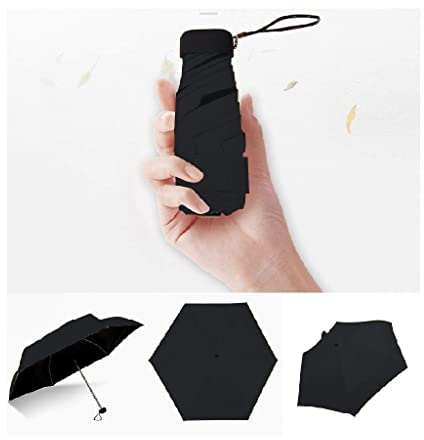 XIANBAO Petit mini parapluie plat portable à 5 plis avec poche fine, mini parapluie de voyage, soleil, pluie, parapluie de voyage compact, léger, petit et compact pour la poche (noir)