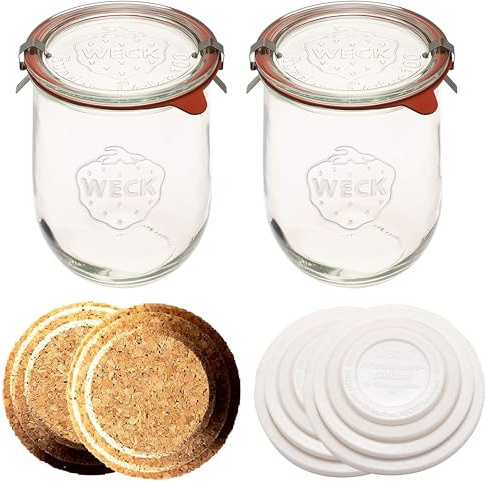 WECK - Tarros de iniciación de masa agria – Tarros de vidrio clásicos para masa madre con tapa de vidrio – Tarro de tulipán con boca ancha de 1 litro, incluye tapa de corcho y tapa para mantener
