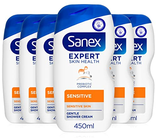 Sanex Body Wash, Expert Skin Health, Sensitive Shower Gel, Dermatologist Tested Gentle for Sensitive Skin, Multipack, 6 Pack, 450ml Bottles