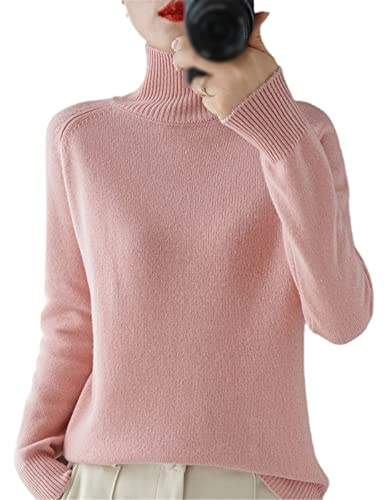 Suéter de Lana de Cachemira de Cuello Alto de Las Mujeres Otoño Invierno de Color sólido Jersey de Punto Femenino Casual básico de Fondo suéter, Rosa, M