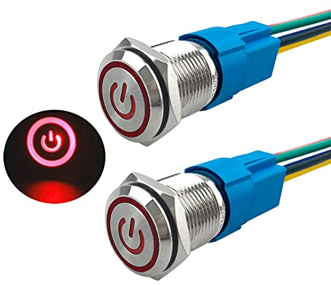 Aiqeer 2 Piezas 16 mm Interruptores de Botón Autoblocante, 12V / 24V 5A Interruptor de Botón LED Rojo, Interruptor Pulsador Metálico Impermeable, con Enchufe Precableado