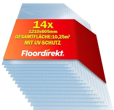 Floordirekt 10,25 m² Hohlkammerplatte - 14x Stegplatten 60,5 x 121 cm - Doppelstegplatten aus Polycarbonat - Hohlkammerplatten für Gewächshaus & Modellbau (Transparent, 6 mm)