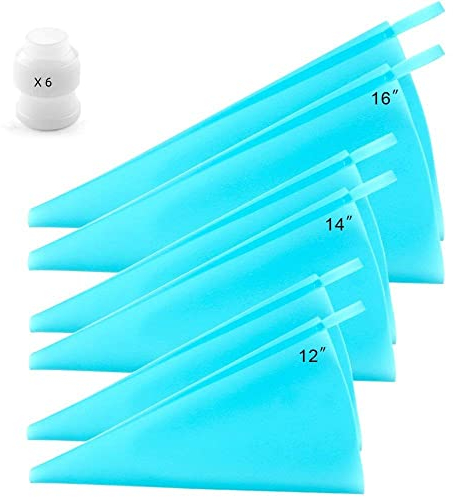 Joyeee Set di 6 sacchetti per tubazioni di cioccolato riutilizzabili e 6 accoppiatori per sacchetti per tubazioni, anti scoppio di glassa per biscotti e tubazioni per torte e cupcake