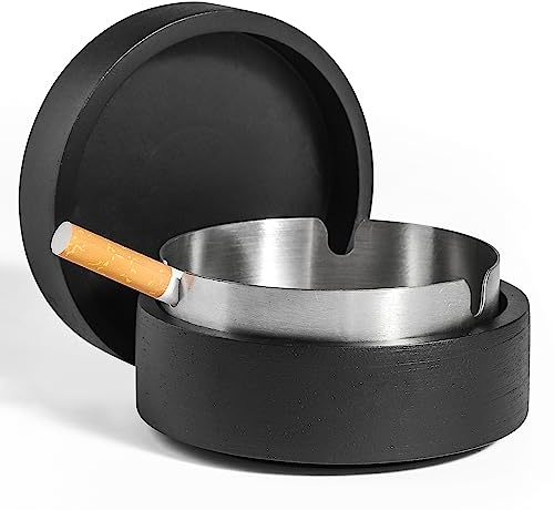 Cute Ashtrays for Cigarettes Ash Tray with Lid DDAJJAJ Wooden Ashtray with Stainless Steel Portable Decorative Ashtray Windproof Ashtray for Home,Patio,Office,Outdoors,Indoor,Parties (Black)