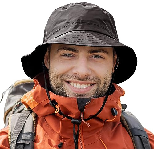 TOP-EX Mens Waterproof Bucket Hat for Walking Golf Safari Rain Hats SPF 50+ Sun Hat Foldable All Weather Hat Windproof Chin Strap Size Adjustable Brown L/XL