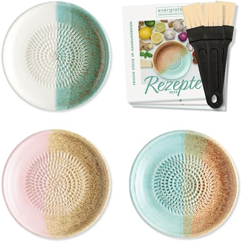 evergrate Keramikreibe 3er Verschenkset - Ice, Flower, Beach mit Küchenpinseln und Rezeptheften