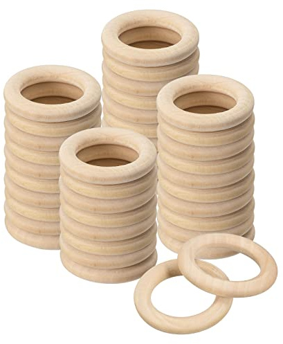 uxcell 60Pcs 35mm(1.4-inch) Natural Wood Rings, 6mm Thick Smooth Unfinished Wooden Circles for DIY Crafting, Knitting, Macrame, Pendant