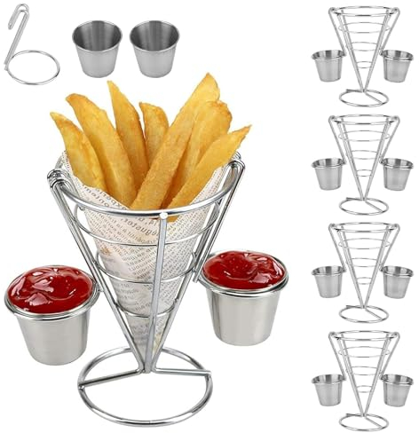 TAZZOR 4 Stück Pommestüten Halter mit Dip Schalen Abnehmbar, Pommes Korb & Dipschalen Set, Pommes Körbchen, Pommes Ständer, Servieren von Snacks mit Dipschalen für Spitztüten (Doppelt X 4)