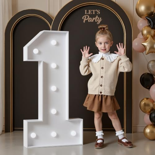 3FT Light Up Numbers Birthday Decoration Large Marquee Numbers 1 for 1st 18th 21st Birthday Party Decor Wedding, Big Number Frame Foam Cardboard Mosaic Arch Stand Pre-cut Numbers