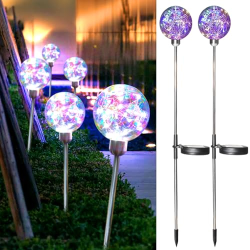 Acxilexy 2 Pièces Boule Lumineuse Solaire d'Extérieur, Lampes Solaires Décoratives, 8 Modes Étanches Boule Solaire Lumière, Ø 7 cm Lumière Solaire Ronde pour Jardin Paysage Terrasse Pelouse