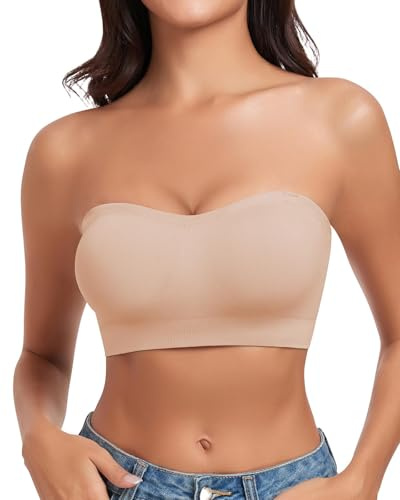 WOWENY Strapless Bandeau Bra Padded for Women Seamless Non Wired Bralette Boob Tube Non-Slip Silicone Bras with Transparent Straps(Beige, L)
