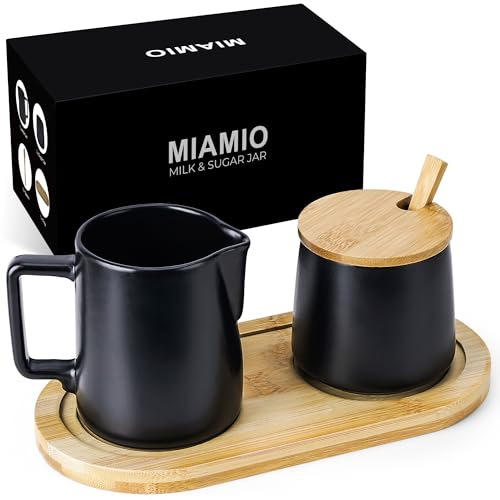MIAMIO - Set da portata per zucchero e panna con coperchio e cucchiaio/accessori da bar in ceramica - Adatto a microonde e lavastoviglie (nero)