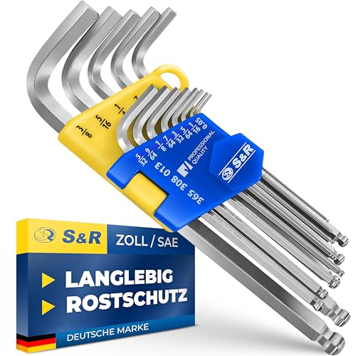 S&R Jeu Clés Allen en Pouces Longues. 13 Clefs Btr Américaines en Inches. Clés Six Pans Mâle Coudée avec Sphère pour Vélos, Motos, Voitures, Meubles, Électroménagers
