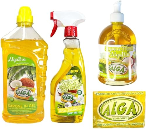 Alga Sapone Ecologico Box 4 pezzi - SAPONE GEL, SGRASSATORE UNIVERSALE, SAPONE MANI, SAPONE SOLIDO, Kit Completo Casa - Ecologico Biodegradabile Ipoallergenico