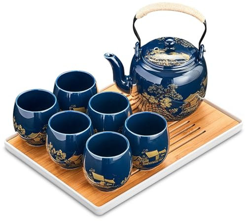 Xnqelerate Service à thé chinois en céramique, service à thé japonais, théière asiatique pour les amateurs de thé, 820 ml, théière en porcelaine avec passoire et 6 tasses à thé, bleu