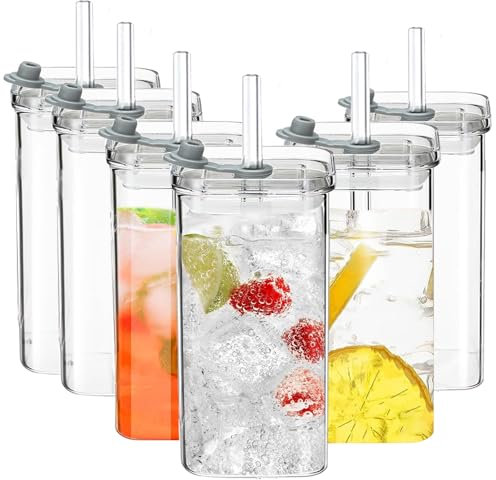 KEMORELA 6er Set quadratische Trinkgläser, 500 ml Klarglas Becher, Highball Gläser für Cocktails, Kaffee, Saft & Bier, Glaswaren-Set mit Glas Strohhalmen – spülmaschinenfest