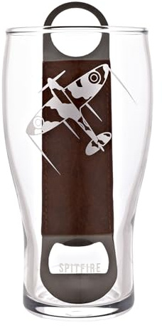 Officiellt licensierad Royal Air Force RAF pintglas och flasköppnare set – Spitfire – etsat grafiskt drickande ölglas hemma bar, kök och matsal för män, historia och luftfart – 480 ml/16 oz.