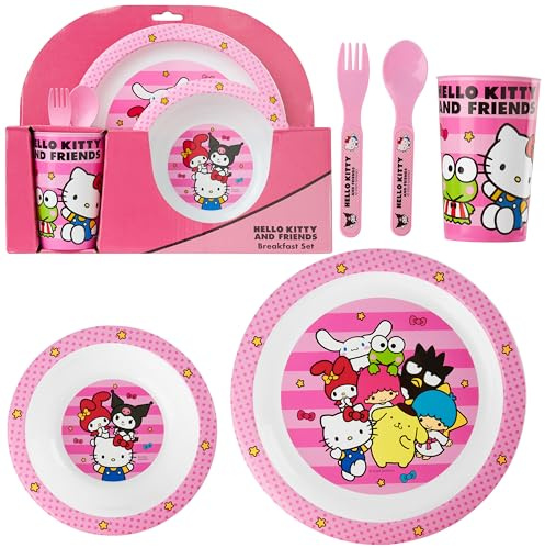 Get Trend Hello Kitty Sanrio Dinner Set Cutlery Kids Tableware, 5 Pcs Reusable Plastic Plate Bowl Cup Spoon Fork, BPA Free Dinnerware, Crockery Set (Pink Hello Kitty)