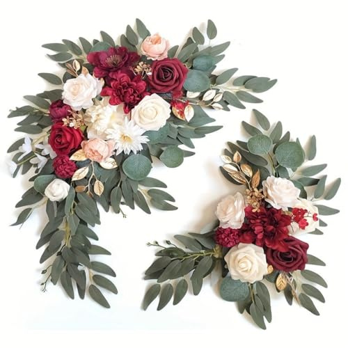 AQCQDQ Set di 2 fogli di fiori artificiali per matrimonio, ghirlanda di fiori, fiori di nozze, ghirlanda, seta, peonia, matrimonio, cartello di benvenuto (rosso, 2 pezzi)