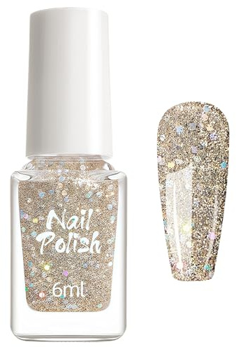 Glitter Nail Polish - Flash Shiny Gold Nail Polish & Glitter Nail Varnish - Quick Drying, Long Lasting, No Baking & Easy Apply Nail Polishs for Women