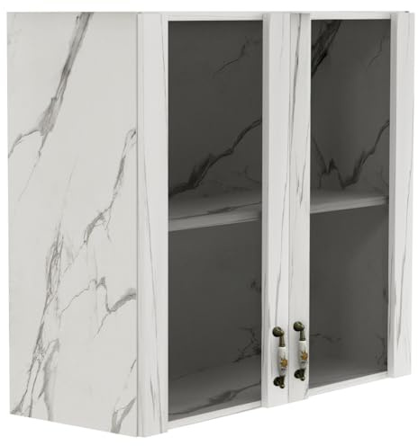 Shally Dogan Credenza, Pensile da Cucina con Vetro, Armadio Sospeso da Parete Vetrato in Legno Due Ante 1 Ripiano 2 Scomparti, Armadietto Spazioso Resistente, Dim. 80 x 32 x 72H cm (Marmo)
