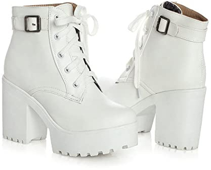 KUHAOFEU Bottes Courtes À Plateforme Épaisse pour Femme avec Talon Bloc Haut Bottines À Lacets,Blanc,38 EU