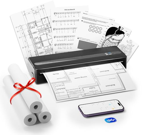 BORN4SHIP PB821 Impresora Térmica A4 - Impresora Portátil A4 para Viajar, Oficina, Escuela, Casa, Compatible con Smartphones y Ordenadores, Impresora Portátil con 3 Rollos de Papel