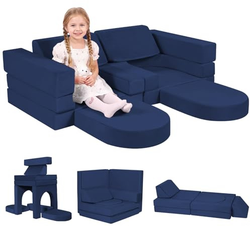 MeMoreCool 10-Pieces Kids Play Sofa, Modular Toddler Chair for Playroom, Fold Out Foam Couch Bed for Girls Boys, Children Convertible Sectional Couch Playset, Navy Blue