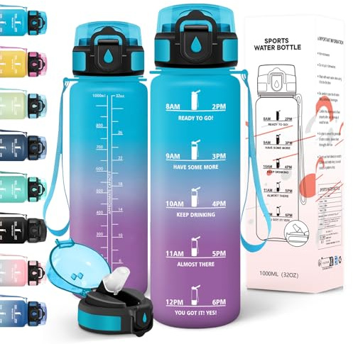 Motswedi Borraccia 1 litro, a Prova di Perdite, Borraccia Palestra, senza BPA, Borracce con Cannuccia, Con 2 Tappi, Bottiglia Acqua, Borracce 1 litro, Per Scuola, Ufficio, Sport, Blu Viola