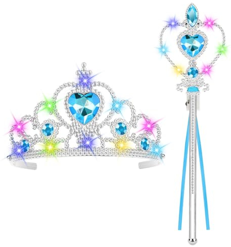 AUYAO Elsa Princess Dress Up Accessories Set Light Up Princess Tiara Set with Crown and Wand 2PCS Elsa Costume Jewellery Toys Elsa Princess Dress Up for Girls Birthday Party Halloween Cosplay(Blue)