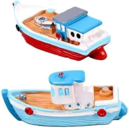 2 Pcs Colorful Miniature Dollhouse Boat Mini Fishing Boat Model Mediterranean Decor Resin Desktop Boat Ornament Ocean Beach Micro Landscape Decoration Dollhouse Accessories