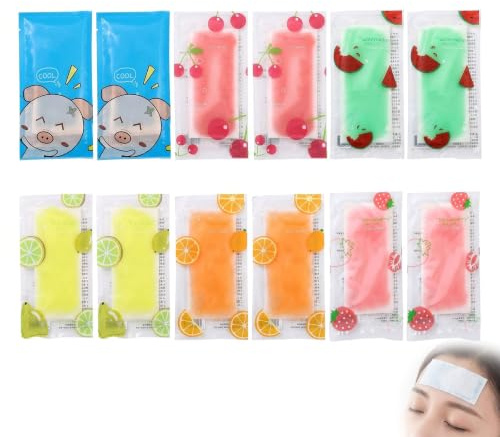 FIQLUL 24 Parches de Frio para Alivio de Fiebre y Migraña, Parches Refrescantes de Gel con 6 Aromas Frutales, Compresas Frias para Niños y Adultos, 12 Sobres (2 uds/sobre), 5x12cm