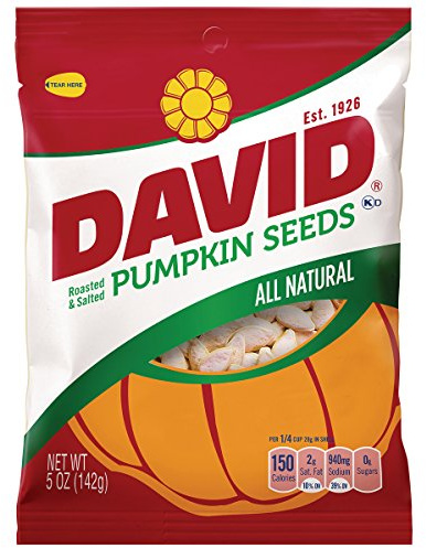 DAVID Seeds Salted and Roasted Pumpkin Seeds, Keto Friendly Snack, 5 OZ Bags, 12 Pack