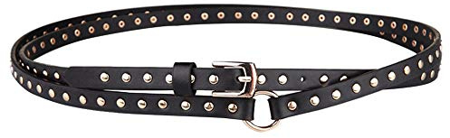 Women's Black Double Punk Thin Studded Pu Leather Jean Belt for Female