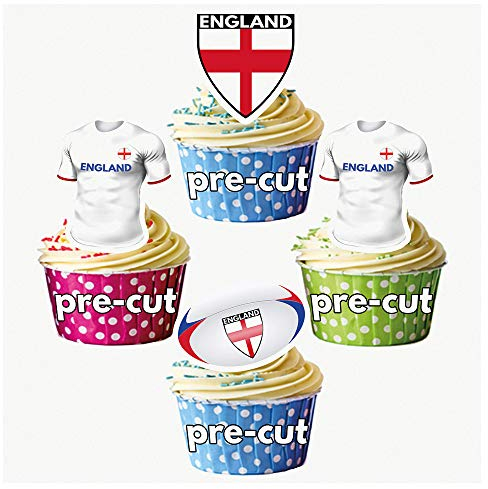 AK Giftshop PRECUT Rugby Shirt Ball Flag Team England - Edible Cupcake Toppers/Cake Decorations (Pack of 12)