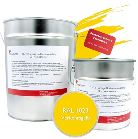 MANADATEC Revêtement de sol époxy 2K 5 kg | RAL 1023 Jaune trafic | Sans solvant, écologique & inodore | Revêtement pour sols de garages & caves | Haute résistance aux chocs