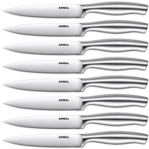 Aiheal Steak Knives, Stainless Steel Steak Knives Set of 8, Never Needs Sharpening Dinner Steak Knife Set, Sharp Micro Serrated Knives