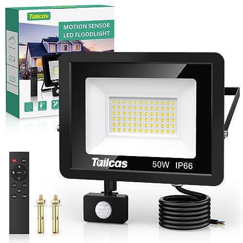 Tailcas 50W Security Lights with Motion Sensor, 4500LM PIR Security Light, IP66 Waterproof Outdoor Lights with Remote Control, Outside Floodlights for Garden, Backyard, Garage, Black