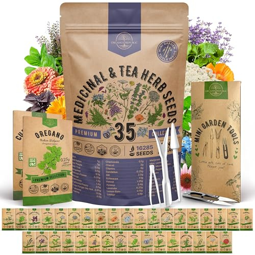 35 Medicinal & Tea Herb Seeds Variety Pack for Indoor & Outdoors. 16,335+ Non-GMO Heirloom Garden Seeds: Anise, Bergamot, Borage, Cilantro, Chamomile, Dandelion, Rosemary Seeds & More