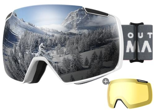 OutdoorMaster Heron Ski Goggles with 2 Lens, Frameless, Magnetic Interchangeable HD Toric Lens, OTG Snowboard Goggles(WhiteFrame Silver Vlt 10% + YellowLens)