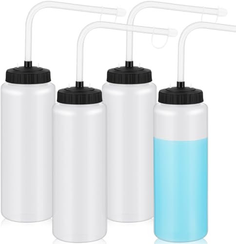 Domensi 4 Pack 1 Liter Sports Water Bottle W/Long Straw Hockey Lacrosse Water Bottle with Straw BPA Free Easy Squeeze Plastic Use W/Sport Helmet in Football Baseball Gym Yoga(Translucent)