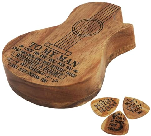 Gitarrplektrumfodral, trä bas plektrum förvaringsorganisatör med 3 st gitarrplektrum, fodral för gitarrspelare, present till gitarrspelare