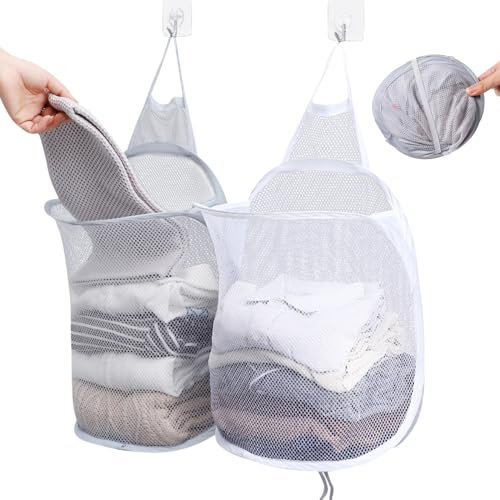 2 Pezzi Cesto Portabiancheria Pieghevole,Cesto Portabiancheria da Appendere,a Rete a Parete Cesti Portabiancheria,Pieghevole Cesta Panni Sporchi Salvaspazio,Ideale Per Camera da Letto,Bagno.