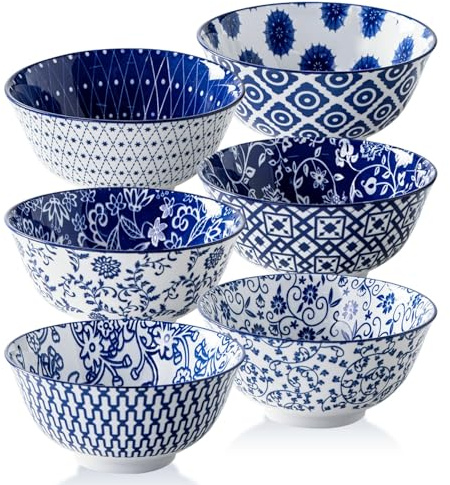 Cerkik Ceramic Soup Bowls Set - 24 Oz Deep Cereal Bowl for Kitchen - 6 Inch Large Porcelain Dinner Bowl Eating Salad Pasta Dessert Oatmeal - Microwave Dishwasher Safe - Set of 6 - Vintage Blue