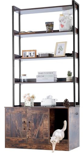 VEVOR Meuble Cache Bac à Litière pour Chat, 85x49x149 cm, Maison de Toilette pour Chat avec 4 Étagères de Rangement, Armoire en Bois pour Cacher la Plupart des Bacs à Litière pour Chats, Marron Foncé