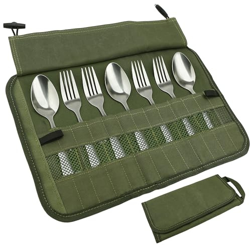 Camping Utensil Roll Bag, Waterproof Chef Knife Cutlery Up Pouch Bag with 13 Slots For Fork, Spoon, Chopstick, Portable Professional Case Hold Storage Kitchen Cooking Set Travel Organizer, Army Green