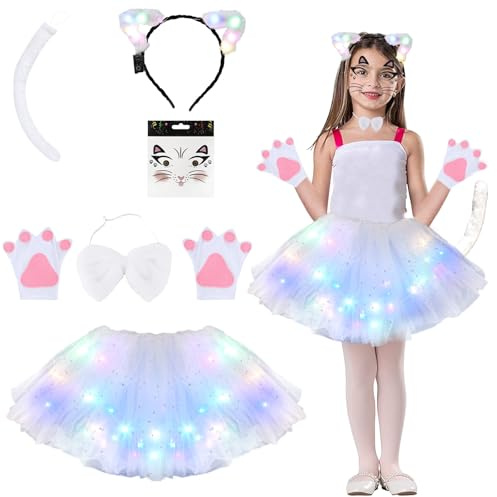 Aitsite Halloweenkjol, kattkostym, barn, lysande barn, kattkostym, halloweenkostym, flicka, LED-tyllkjol, kattkostym, tutu med kattpannband, slips, handskar och svans, Vit, Einheitsgröße