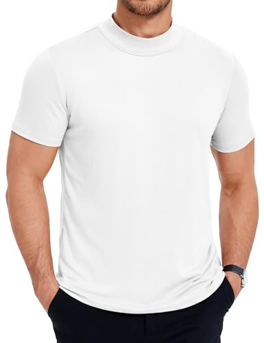 COOFANDY Mens T Shirt Mock Neck T-Shirts Turtle Neck Slim Fit Basic Casual High Neck Tshirt Short Sleeve Undershirt Solid Color White 3XL